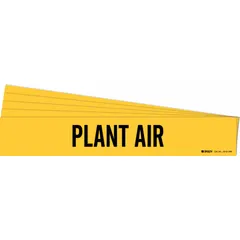Yellow adhesive pipe marker with black 'Plant Air' legend, designed for identifying compressed air piping systems. Fits pipe outer diameters from 2-1/2 to 7-7/8 inches. Pack of 5 markers without directional arrows. Adhesive-backed for easy application on clean pipe surfaces.