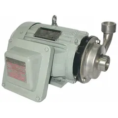 Three-phase centrifugal pump with 316 stainless steel volute and stainless steel closed impeller. Rated for Class II Division 2 Groups E, F, G hazardous locations. Maximum 1 1/2 hp, 208-230/460V AC, NPT connections, discharge rotation adjustable in 90° increments. Not for potable water systems.