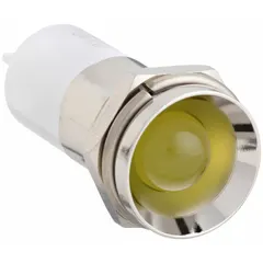 Yellow LED pilot light with protruding head for 16 mm panel mounting hole. Features 0.11 male quick disconnect electrical connection. Used as a visual indicator on industrial control panels, machinery, and automation equipment to signal status or alarms.