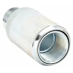 Steel, electroplated expansion union for connecting conduit to a box in hazardous locations. Features a 3/4-inch FNPT female end and a 3/4-inch MNPT male end, allowing for expansion or contraction in rigid metal conduit systems while maintaining a sealed connection.