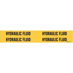 Yellow adhesive pipe marker with black legend reading 'Hydraulic Fluid'. Fits pipe outer diameters from 3/4 to 2-3/8 in. Pack of 4 markers without arrows. Used to identify hydraulic fluid lines in piping systems.