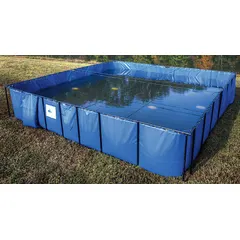 This open-top water storage tank is constructed of blue PVC and has a 3,000 gallon capacity. It measures 29 inches in height with a 13-foot by 13-foot footprint, providing easy access for monitoring and maintenance. The tank includes two 10-inch drains and is suitable for use in water purification system applications.