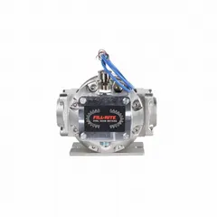 Rotary positive displacement meter with inline 1 1/2 in NPT connections. Accuracy of +/-0.5% and scaled pulse output for remote totalization. Designed for custody transfer measurement of low- to medium-viscosity liquids in industrial fluid handling and fuel transfer applications.