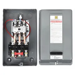 This enclosed non-reversing magnetic motor starter from SQUARE D is rated for 30 A and 3 poles, with a 208-240V AC coil. It requires three thermal units (not included) for overload protection. Typical applications include starting and protecting single-speed motors in HVAC, refrigeration, and industrial machinery.