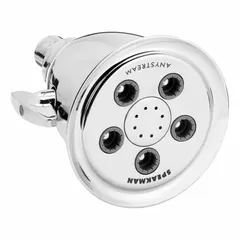 Fixed showerhead with multi-pattern spray settings. Constructed of brass and plastic. Flow rate is fixed at 1.75 gpm. Suitable for hotel and commercial bathroom installations.