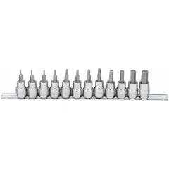 This 25-piece hex bit socket set includes SAE sizes from 1/16 in to 3/8 in, with a 3/8 in drive size. Each socket has an overall length of 1 27/32 in. Suitable for driving hex fasteners in maintenance, assembly, and repair tasks.