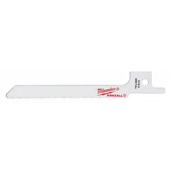This pack of 5 reciprocating saw blades is designed for cutting nail-embedded wood in demolition and renovation applications. Each blade has a length of 3 5/8 inches and a thickness of 0.04 inches, with a rigid straight-cut geometry for precise cuts through lumber containing nails or embedded metal.