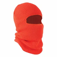 This ERGODYNE balaclava is made of orange high-visibility acrylic knit, covering the head, ears, mouth, and neck. It features a stretch-knit adjustment for a universal fit and is unlined with an acrylic lining material. Suitable for outdoor work in cold or low-light conditions where visibility and protection from wind and chill are required.