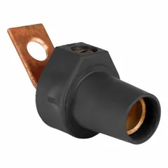 Female single pole receptacle from LEVITON Series 16 with straight taper nose mating and angled one-hole bus bar termination. Designed for use in industrial power distribution systems, switchgear, and panelboards where secure bus bar connections are required.