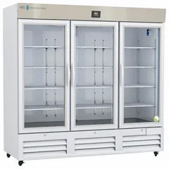 This 72 cu ft upright lab refrigerator provides a 1°C to 10°C temperature range for general-purpose cold storage of biological samples, reagents, and pharmaceuticals. It features three swing glass doors with right-hand opening, a white exterior, and a temperature alarm. Uses R-290 refrigerant.
