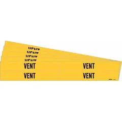 Yellow adhesive pipe markers with black 'Vent' legend, designed for pipes with outer diameter from 3/4 to 2-3/8 inches. Each pack contains 4 markers without directional arrows, supplied in a 5-pack quantity. Used to identify vent lines in industrial piping systems for safety and maintenance.