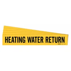 Yellow adhesive pipe marker with black legend text reading 'Heating Water Return'. Designed for pipe outer diameters from 2-1/2 to 7-7/8 inches. Supplied in a 5-pack without arrows. Used to identify return lines in hot water heating systems, aiding maintenance personnel in distinguishing return pipes from supply lines.