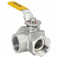 This 1-1/2 inch three-way ball valve features a CF8M stainless steel two-piece body and an L flow pattern. The locking lever handle provides secure operation. Typical applications include flow diversion or mixing in piping systems.