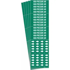 Green adhesive pipe marker with white legend reading 'High Pressure Air' and directional arrows. Designed for pipes with outer diameter of 3/4 inch and smaller. Pack of 5 markers for identifying compressed air lines in industrial piping systems.