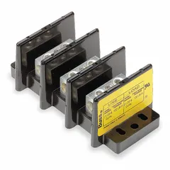 Open block with lugs for power distribution in electrical systems. Copper construction. Accepts line side wire sizes from 6 AWG to 350 kcmil. Surface mountable with lug-to-lug connections.