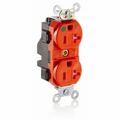 Specification grade, duplex general purpose receptacle rated 125V AC, 20A, NEMA 5-20R, 2-pole/3-wire. Orange housing indicates isolated ground for reduced electrical noise. Suitable for use in commercial and institutional environments requiring hospital grade and Federal Specification compliance.