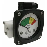 Differential pressure indicator with switch, ±5% of full scale accuracy, Buna-N sensor, acetal plastic housing. Three color-coded transition points: green (0-3 psid), yellow (3-4 psid), red (4-5 psid). Used in fluid systems to monitor filter condition, lubrication, or hydraulic circuits