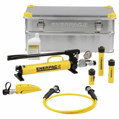 This hydraulic maintenance set includes a 5-ton nominal capacity cylinder and a hand pump, with attachments that reduce the working capacity to 2.5 tons. It is used for lifting, pressing, and bending tasks in industrial maintenance and repair applications. The set has a stroke range of 1 to 5 inches.