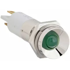 Green LED pilot light with protruding head for 10 mm panel mounting hole. Features 0.11 Male Quick Disconnect electrical connection. Used as a visual status indicator on industrial control panels, machinery, and equipment.