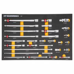 This hand socket extension set includes extensions for 1/2 in, 1/4 in, and 3/8 in input drive sizes. The full polish chrome finish provides corrosion resistance. A locking mechanism secures sockets during use. Suitable for extending reach in fastening tasks.