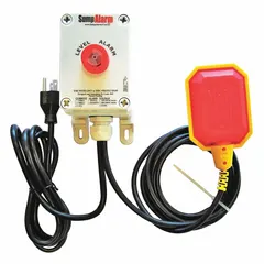 This liquid-level alarm operates on 120V AC and includes a tether float switch for high-level detection. It provides one alarm input with auto/manual operation and a 90 dB audio/visual alert. Battery backup is not included. Typical applications include monitoring water levels in sump pits, basements, tanks, and other areas where rising liquid levels require attention.