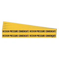 Adhesive pipe marker with yellow background and black legend reading 'Medium Pressure Condensate'. Fits pipe outer diameters from 3/4 to 2-3/8 inches. Supplied without directional arrows in a 5-pack. Used to identify medium pressure condensate lines in industrial piping systems.
