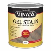 This interior oil-based gel stain in Slate color provides a semi-transparent finish. It is formulated for use on fiberglass, metal, PVC, wood, and slate surfaces. The 1 qt container is suitable for staining furniture, cabinets, trim, and other vertical surfaces where reduced drips are desired