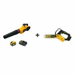 This combination kit includes a blower and a chainsaw powered by a 20 V battery with 9.0 Ah capacity. The blower delivers a maximum air speed of 125 mph, suitable for clearing leaves and debris from driveways and patios. The chainsaw is intended for light tree trimming and branch cutting in residential landscaping and property maintenance.
