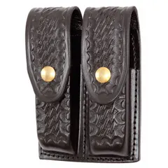 Black leather magazine pouch with basket weave pattern and snap closure. Designed to carry spare magazines on a duty belt or vest for law enforcement, security, or military personnel.