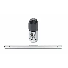 This adapter converts a ratcheting T-handle wrench into a tap wrench for hand threading operations. It accepts small tap sizes and features a 1/4-inch hex drive. Made from hardened steel, it is suited for creating or cleaning threads in small-diameter holes in automotive, metalworking, and general maintenance applications.