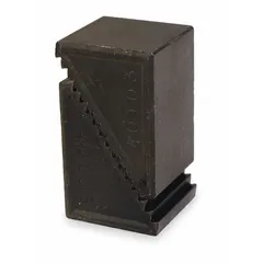 This metric step block features serrated surfaces for positive grip in clamping setups. With a width of 51 mm and an adjustable height range from 45 mm to 102 mm, it accommodates varying workpiece thicknesses on milling machines, drill presses, and other machine tools.