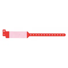 Plastic security wristband in red, supplied in a pack of 500. Measures 11 3/4 inches in overall length and 1 5/8 inches in overall width. Blank surface allows custom marking for access control, event security, and identification applications.