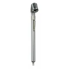 Pencil-type tire pressure gauge with steel construction. Measures pressure in 2 psi increments. Used for checking and maintaining tire pressure in vehicles and equipment.