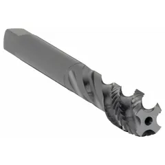 General purpose spiral-flute tap for threading blind holes in ferrous and non-ferrous materials. Metric size M42x4.5 with 6H tolerance class, 5 flutes, and semi-bottoming chamfer design. Spiral flute geometry evacuates chips upward to prevent clogging and ensure clean threads.