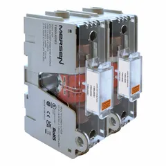 The MERSEN FB60J60B2 is a 2-pole open block design fuse holder for UL Class J fuses, rated 600 V AC. It features box lug terminals for secure wire connections. This fuse block is used in industrial power distribution, motor control centers, and panel boards to provide overcurrent protection.