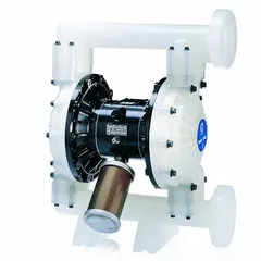This GRACO air-operated double-diaphragm pump features a polypropylene housing and a 1 1/2 in flange connection. Rated for 100 gpm, it is equipped with a PTFE check valve and a PP seat. Suitable for transferring aggressive fluids in chemical processing, water treatment, and industrial applications.