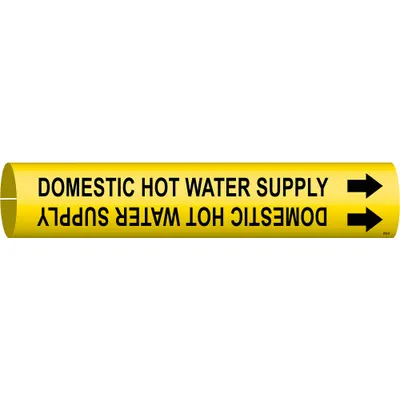 BRADY Pipe Marker: Domestic Hot Water Supply, Yellow, Black, Fits 1 1/2 to 2 3/8 in Pipe O.D. - Domestic Hot Water Supply Snap-On Pipe Markers