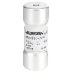 Fast-acting bolt-on fuse from the A70QS series, rated 50 A, 690 V AC and 700 V DC. Features an indicating function for visual blown-fuse detection. Designed for overcurrent protection in power electronic circuits such as variable frequency drives, rectifiers, and UPS systems.
