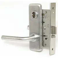 This BEST classroom lever lockset features a satin chromium-plated stainless steel finish and a 40H escutcheon style. It is ADA compliant and includes an interchangeable core. The ANSI F05 function allows key-retracted locking from the outside while the inside lever always opens the latch, suitable for interior doors in educational and commercial facilities