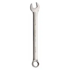 This SAE 12-point combination wrench features a satin finish and offset design. Constructed from alloy steel, it has a 1 5/16 in head size and an overall length of 18 3/4 in. Suitable for tightening or loosening fasteners in mechanical assembly and maintenance tasks.
