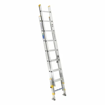 WERNER Extension Ladder: 16 ft Ladder Size, Aluminum, 250 lb Load Capacity, 32 lb Wt - Leg Leveling Lightweight Aluminum Extension Ladders
