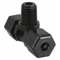This polypropylene compression tee fitting connects three 1/4 in OD tubes or two tubes and a 1/4 in pipe, creating a branch in fluid handling systems. Certified to NSF/ANSI 51, it is suitable for water and chemical lines in industrial applications