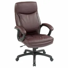 This fixed-arm office chair features a faux leather material and a tilting back for user comfort. With a back height of 27 inches and a seat width of 20 3/4 inches, it is suited for general office use, providing support during desk work.
