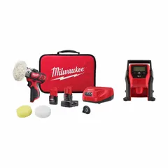 This 12V DC cordless combination kit includes two M12 tools: an inflator and a polisher. The inflator is suited for inflating tires, sports equipment, and inflatables. The polisher is designed for buffing and detailing surfaces. Battery included.