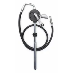 Rotary-crank drum pump designed for transferring non-corrosive fluids from drums or barrels. Features a cast iron housing and graphite seal material. Delivers a maximum flow rate of 10.67 oz per stroke. Includes hose and nozzle for controlled dispensing.