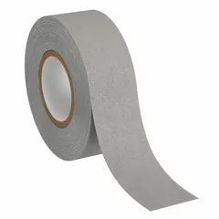 Solid gray rubber continuous roll tape, 2 in x 60 ft, 45 mil thick. Pressure-sensitive, chemical-resistant adhesive. Non-abrasive surface for slip resistance in wet and barefoot traffic areas such as pool decks, showers, and locker rooms. Meets ANSI specifications.