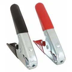 This booster clamp is designed for jump-starting vehicles and heavy equipment. It features a parrot jaw type for secure terminal grip, steel contact material, and vinyl insulation. Rated for 12V/24V systems with a 500 A maximum current, it accepts 1 to 4 AWG cable and includes a red lead jaw.