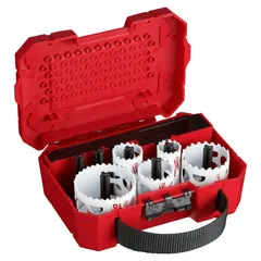 This 9-piece hole saw kit features bi-metal construction with 3.5 teeth per inch, suitable for cutting wood, metal, and plastic. Maximum cutting depth is 1 11/16 inches. Commonly used for electrical, plumbing, and maintenance applications requiring portable hole cutting.