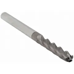 This general purpose carbide ball end mill features a TiCN coating and 4 flutes, with a 1/8" mill diameter, 1" length of cut, and 3" overall length. It is suited for contouring, slotting, and profiling operations in ferrous and non-ferrous materials.