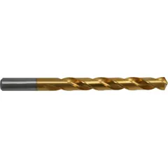 High-speed steel jobber-length drill bit with titanium nitride coating for reduced friction and extended tool life. 118° point geometry suited for general-purpose drilling in metal, wood, and plastic. Commonly used in production and maintenance applications.